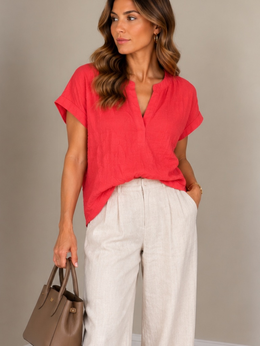 Vince Camuto Women's Red Striped V-Neck Cap Sleeve Pullover Blouse M